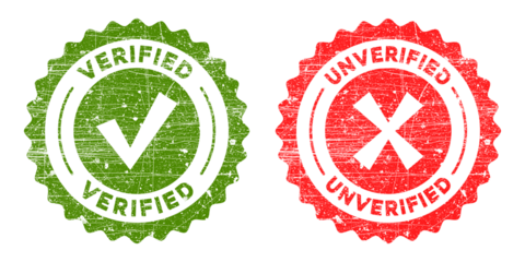 Two grunge rubber stamps, one green verified with checkmark and one red unverified with cross mark, isolated on transparent background