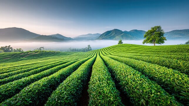 A beautiful tea plantation stretches across rolling hills, with fog in the valley during a bright morning.