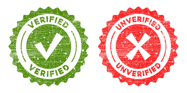 Two grunge rubber stamps, one green verified with checkmark and one red unverified with cross mark, isolated on transparent background
