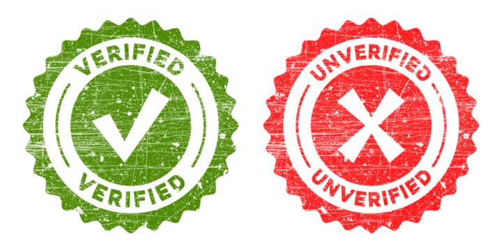 Two grunge rubber stamps, one green verified with checkmark and one red unverified with cross mark, isolated on transparent background