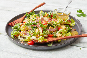 Tofu salad with mustard dressing and cherry tomatoes