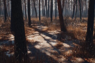 Obraz premium Forest path, sunlight filtering through trees