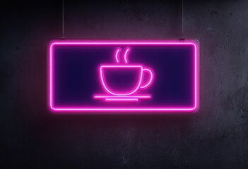 Vibrant photo of vibrant pink neon coffee cup sign on dark textured wall.