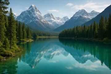Obraz premium Mountain Landscape with Pine Forest and Turquoise Lake