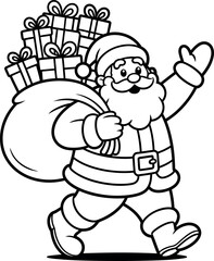 Cheerful cartoon Santa Claus illustration carrying a large sack full of gifts