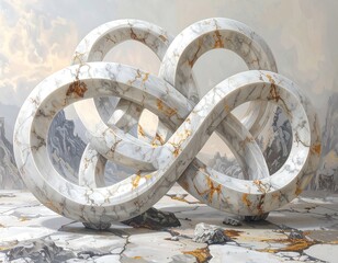 Intricate, interconnected, marble forms twine around a desolate, mountainous landscape.