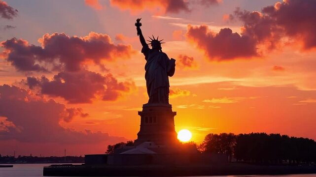 Iconic monument silhouetted against a vibrant, fiery sunset sky