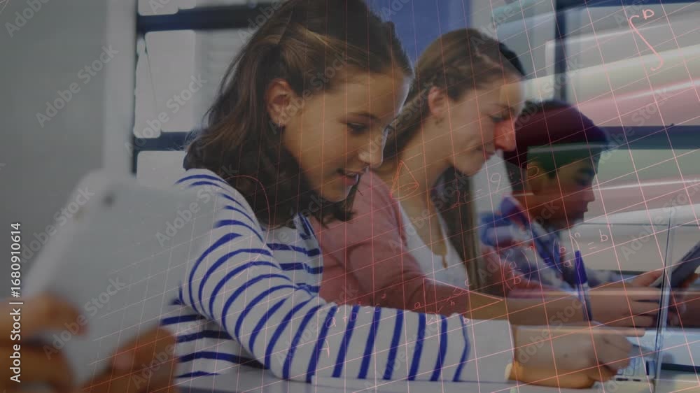 Poster animation of colourful puzzle pieces and data processing over kids friends using electronic devices