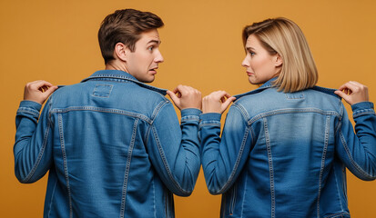 A couple, seen from behind, sits on a couch, with the woman playfully pulling on the man's collar, a humorous and relatable moment in a relationship.
