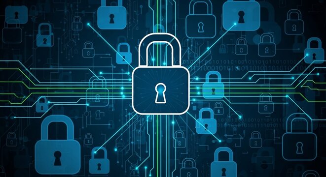 Digital Network Security Padlock Protection for Data and Privacy.