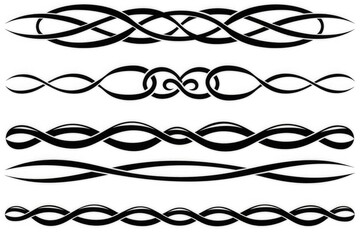 Set of simple black tribal tattoo border elements in vector style with decorative line designs on white background for graphic and print projects