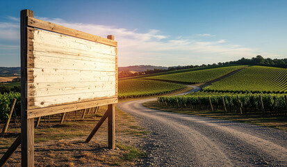 A blank wooden sign or easel stands on a rustic dirt road overlooking a beautiful, sun-drenched vineyard, a perfect mockup for a winery or countryside event.