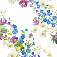 Seamless Wildflower Pattern for Fabric, Wallpaper, and Surface Design , Gouache Painting Style with Daisies and Blue Cornflowers