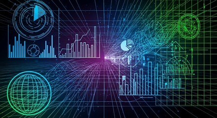 Futuristic Digital Data Analysis Interface with Glowing Charts and Graphs.