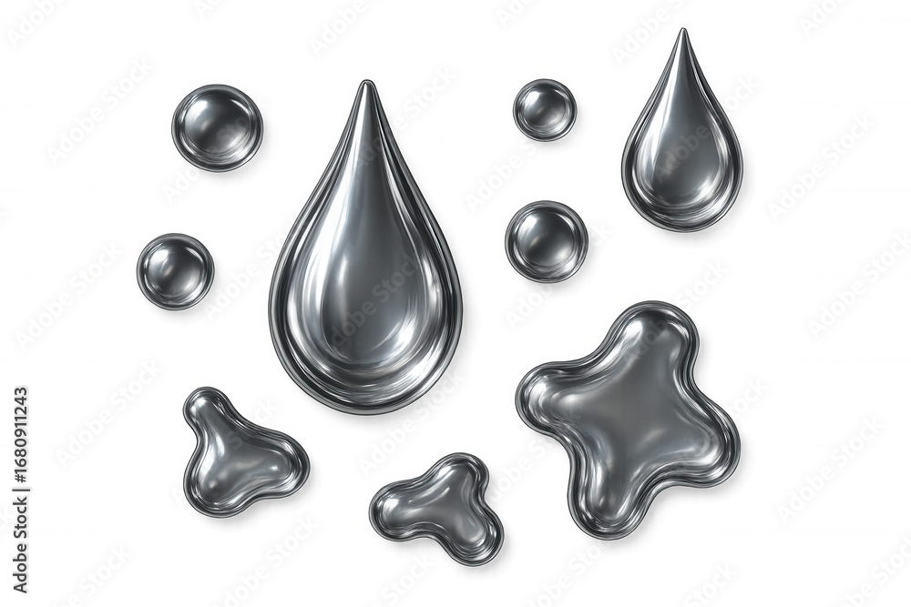 Aufkleber realistic mercury drops and splashes with reflections on a transparent background, ideal for scienti