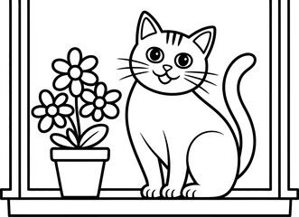 Cute cartoon cat sitting by the window with potted flowers illustration