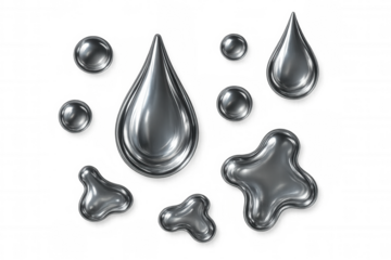 Realistic mercury drops and splashes with reflections on a transparent background, ideal for scientific or industrial projects
