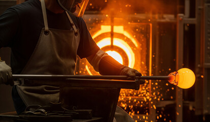 A skilled glassblower in an apron stands before a fiery, glowing furnace in a traditional workshop, holding a piece of molten glass, a testament to this ancient art form.