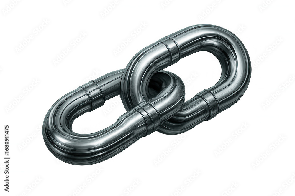 Poster close-up of two interlocking metal chain links, representing connection, strength, and security, iso