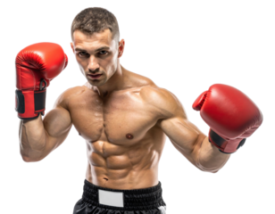A muscular boxer poses with determination, wearing red gloves and prepared for action.