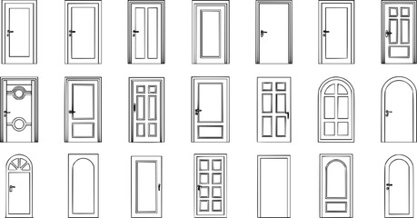 Fine line doors vector collection, minimalist outline illustrations, modern door designs isolated on white background, stock design.
