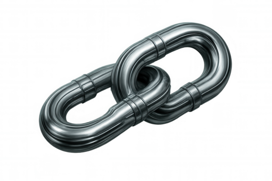 Close-up of two interlocking metal chain links, representing connection, strength, and security, isolated on a transparent background