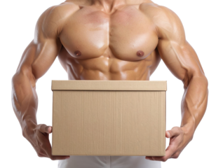 A muscular man holds a plain cardboard box in front of his chest, showcasing his physique.