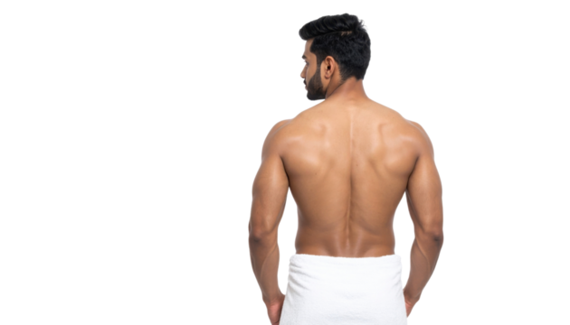 A muscular man stands with his back turned, wearing a white towel, highlighting his strong physique.
