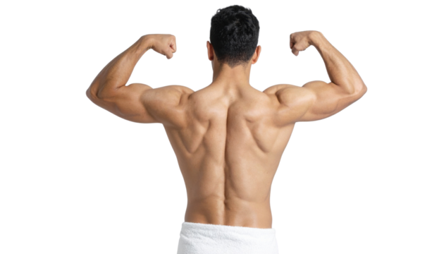 A muscular man showcasing his back muscles with arms raised, emphasizing strength and fitness.