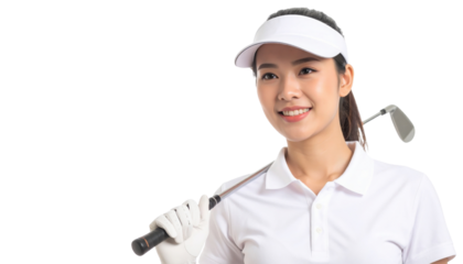 A smiling female golfer holds a golf club, dressed in a white polo shirt and visor, showcasing confidence and readiness for the game.