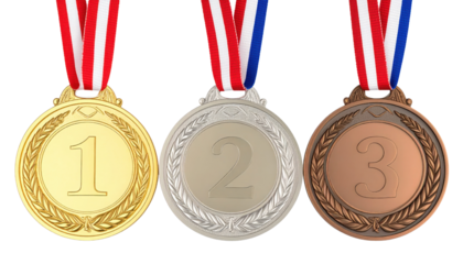 Three medals in gold, silver, and bronze, each displaying a number and adorned with colored ribbons.