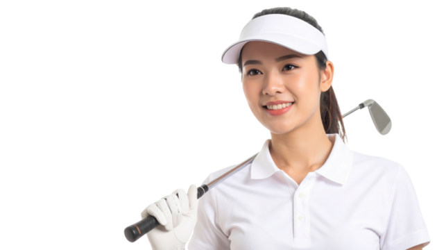 A smiling female golfer holds a golf club, dressed in a white polo shirt and visor, showcasing confidence and readiness for the game.