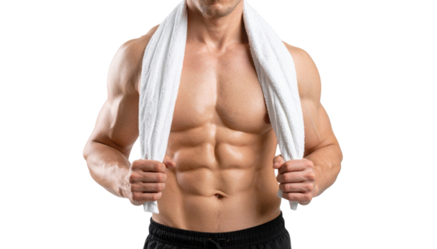 A muscular man holds a towel, showcasing defined abs and a fit physique, exuding strength and fitness.