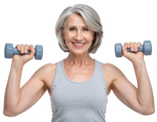 A smiling older woman lifts light blue dumbbells, demonstrating strength and fitness.