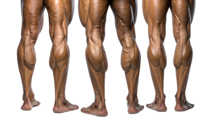 A detailed view of muscular legs showcasing anatomical structure and definition from multiple angles.
