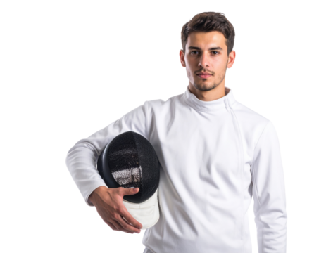 A young man in a white fencing outfit holds a fencing mask, showcasing determination and athleticism.