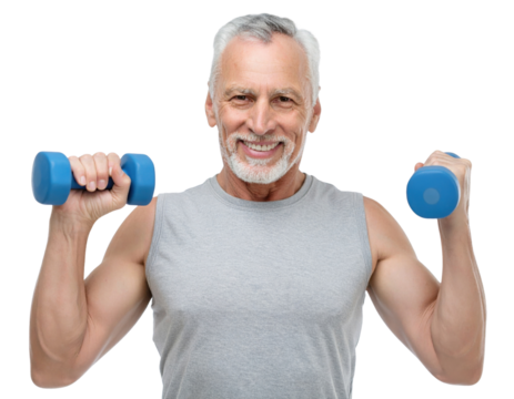 A smiling senior man holds blue dumbbells, showcasing his strength and fitness in a sleeveless shirt.