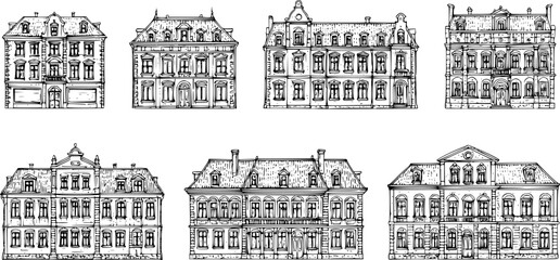 Obraz premium Vintage buildings set vector, fine line architectural illustrations, classic historic outlines isolated on white background, stock design.