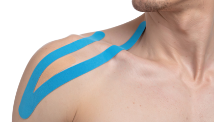 A close-up of a shoulder showing kinesiology tape applied for support and pain relief, emphasizing physical therapy and muscle care.