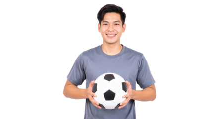 A young man smiles while holding a soccer ball, wearing a gray athletic shirt.