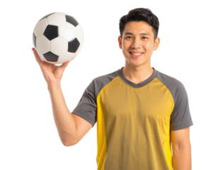 A smiling man holds a soccer ball, showcasing enthusiasm and readiness for the game.