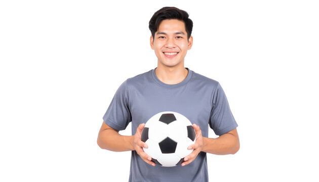 A young man smiles while holding a soccer ball, wearing a gray athletic shirt.
