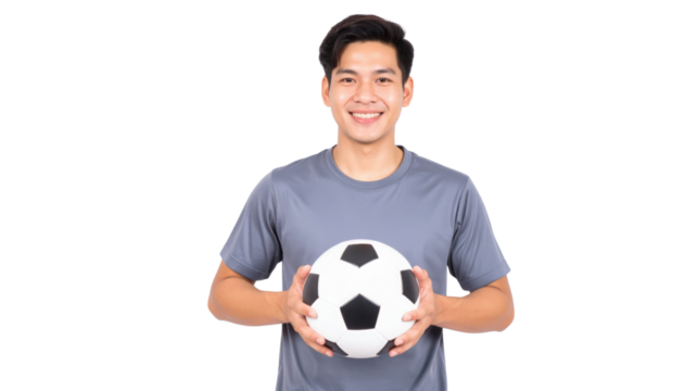 A young man smiles while holding a soccer ball, wearing a gray athletic shirt.