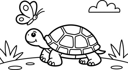 Cute turtle illustration with butterfly and cloud in black and white