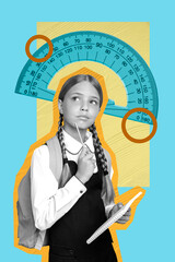 Trend artwork banner 3D photo collage of back school young age girl stand hand hold pen copybook...