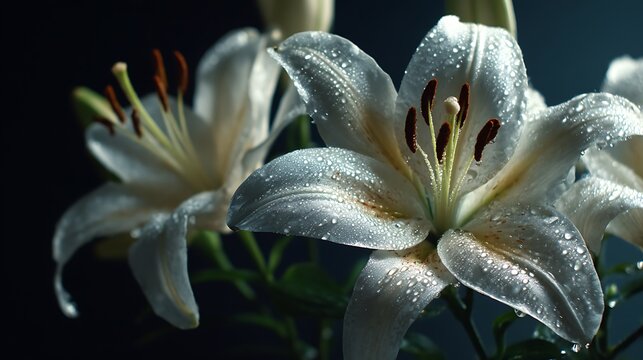 Fresh White Lilies Covered In Sparkling Raindrops, Glowing Softly Under Dramatic Natural Light With Cinematic Depth Of Field, Editorial Aesthetic Suitable For Wedding