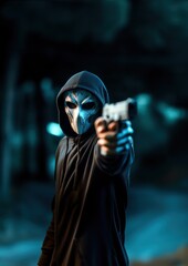 Un criminel, portant un masque effrayant, une veste à capuche, visant avec son arme, dans une scène sombre et inquiétante, image avec espace pour texte.
