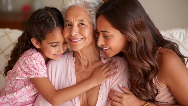 Smiling multi generational woman family bonding embracing at home, showing happy relationship and love between grandmother, mother, and child footage.