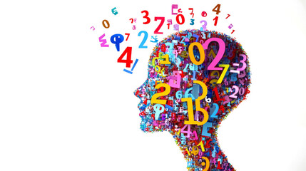 human head profile made of colorful numbers and symbols