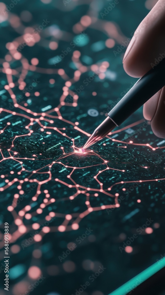 Poster abstract network lines and glowing dots connect across a dark digital background, with a stylus inte